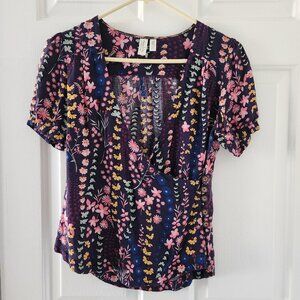 Meadow Rue by Anthropologie Floral Wrap Button T-Shirt Blouse - Size 0